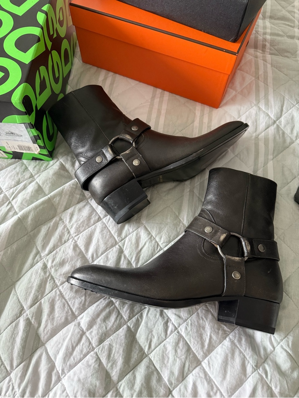 Saint Laurent Black Leather Harness Boots